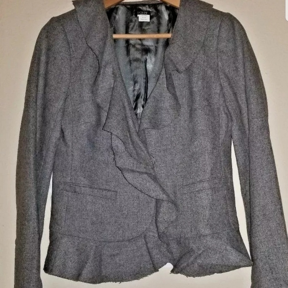 J CREW WOMANS WOOL BLAZER LINED GRAY RUFFLED SZ 2